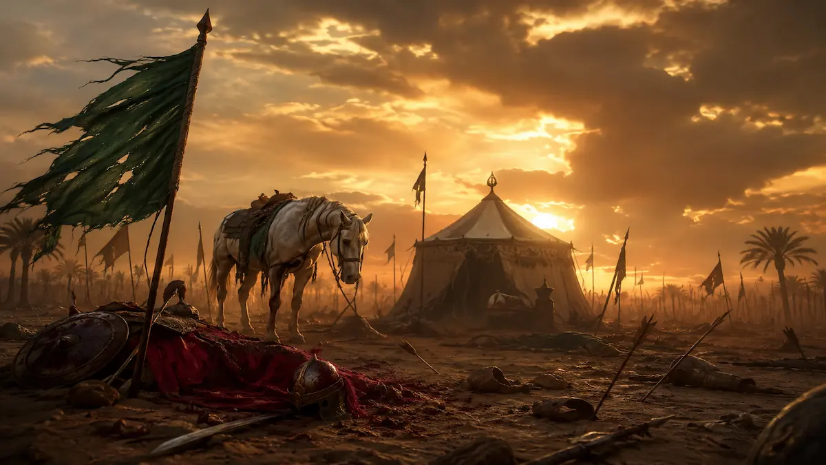 Battle of Karbala ka manzar jahan Imam Hussain (RA) aur unke sathiyon ki azeem qurbani ko yaad kiya jata hai